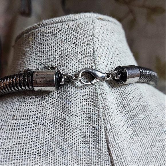 Turquoise Cabochon Statement Necklace Clear Baguette Smoke Navette Stones Pewter - Picture 5 of 15